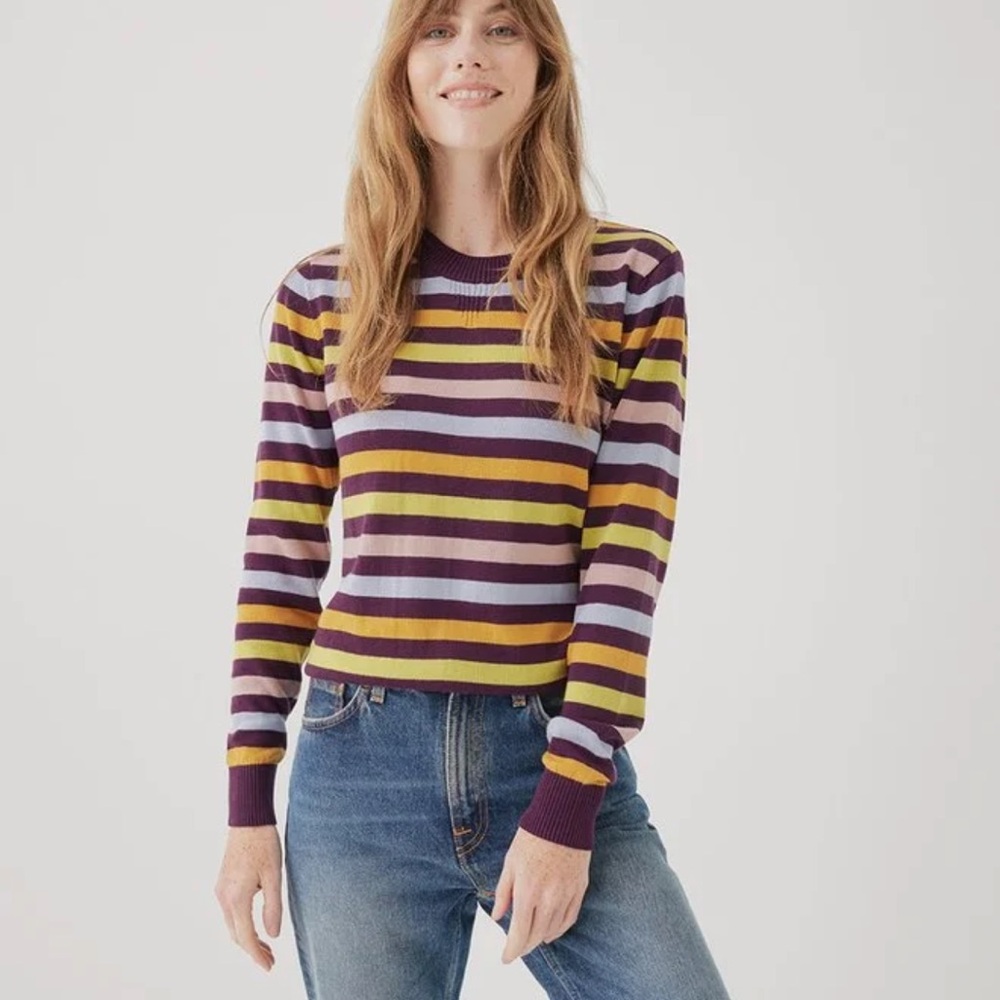 Pact 100% Organic Cotton Classic Fine Knit Crewneck Sweater Aspen Stripe Medium